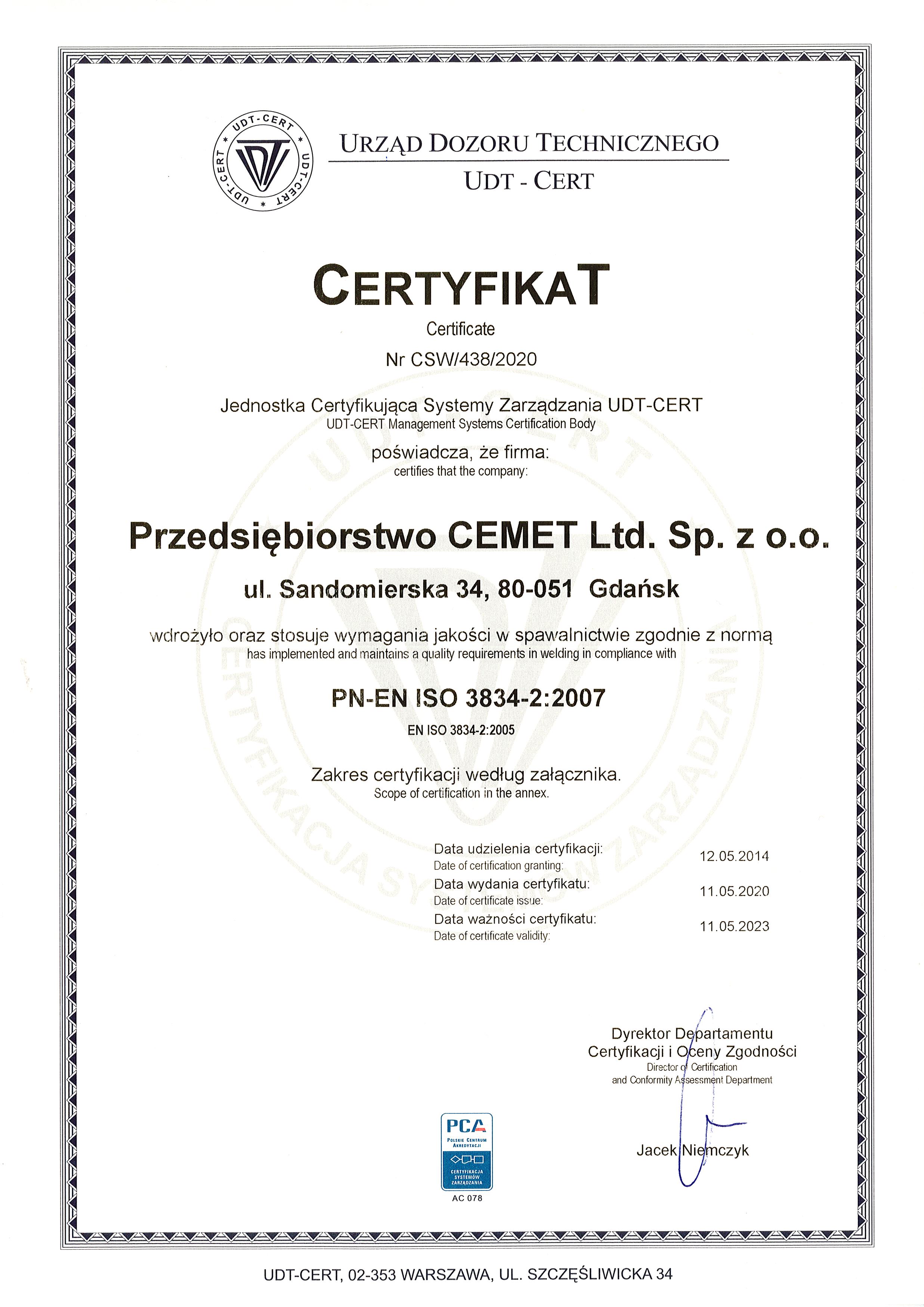 CEMET - Certyfikat ISO