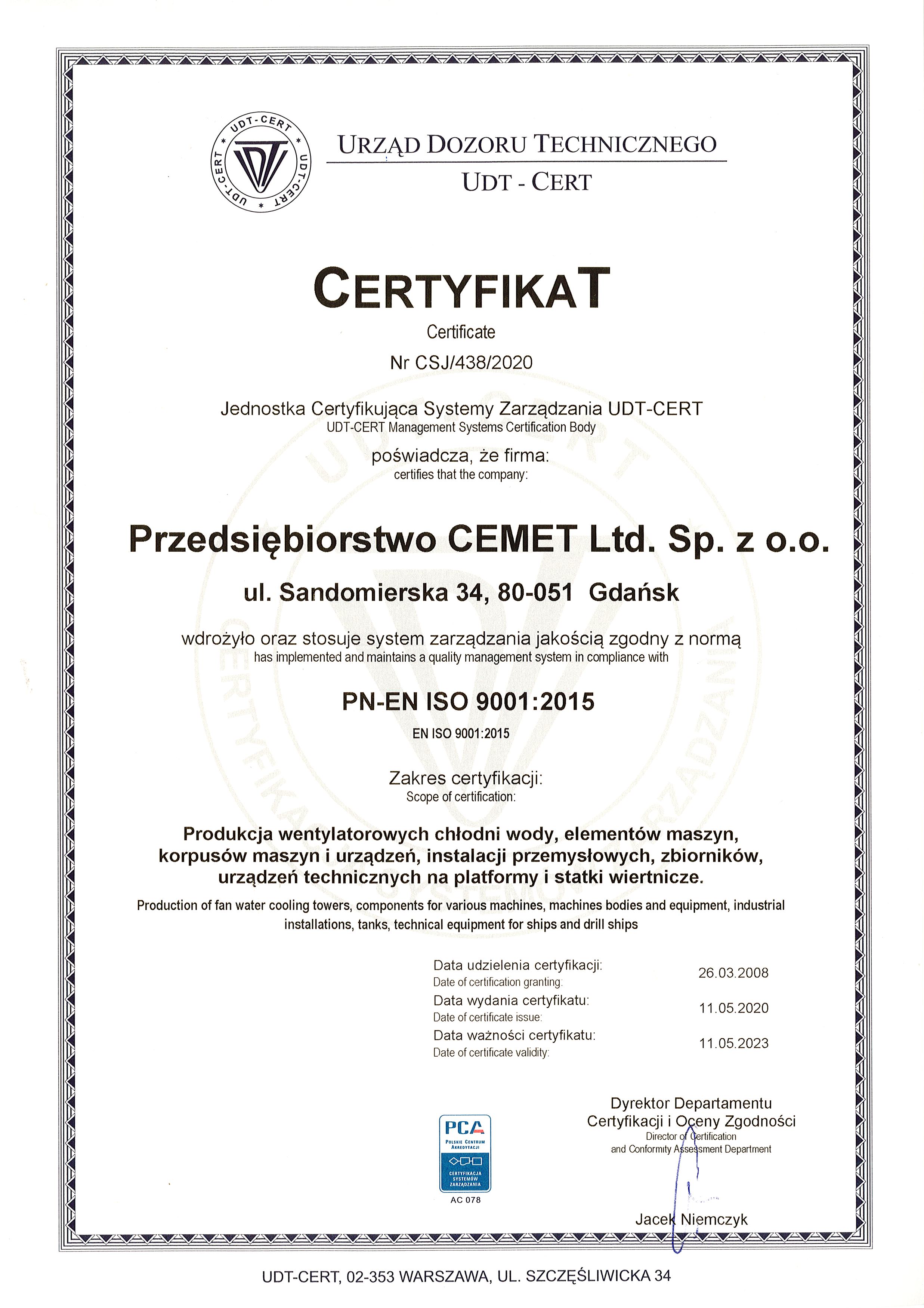 CEMET - Certyfikat ISO 9001 2015