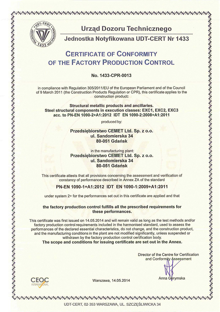 CEMET - Certyfikat PN-EN 1090-1+A2 2012